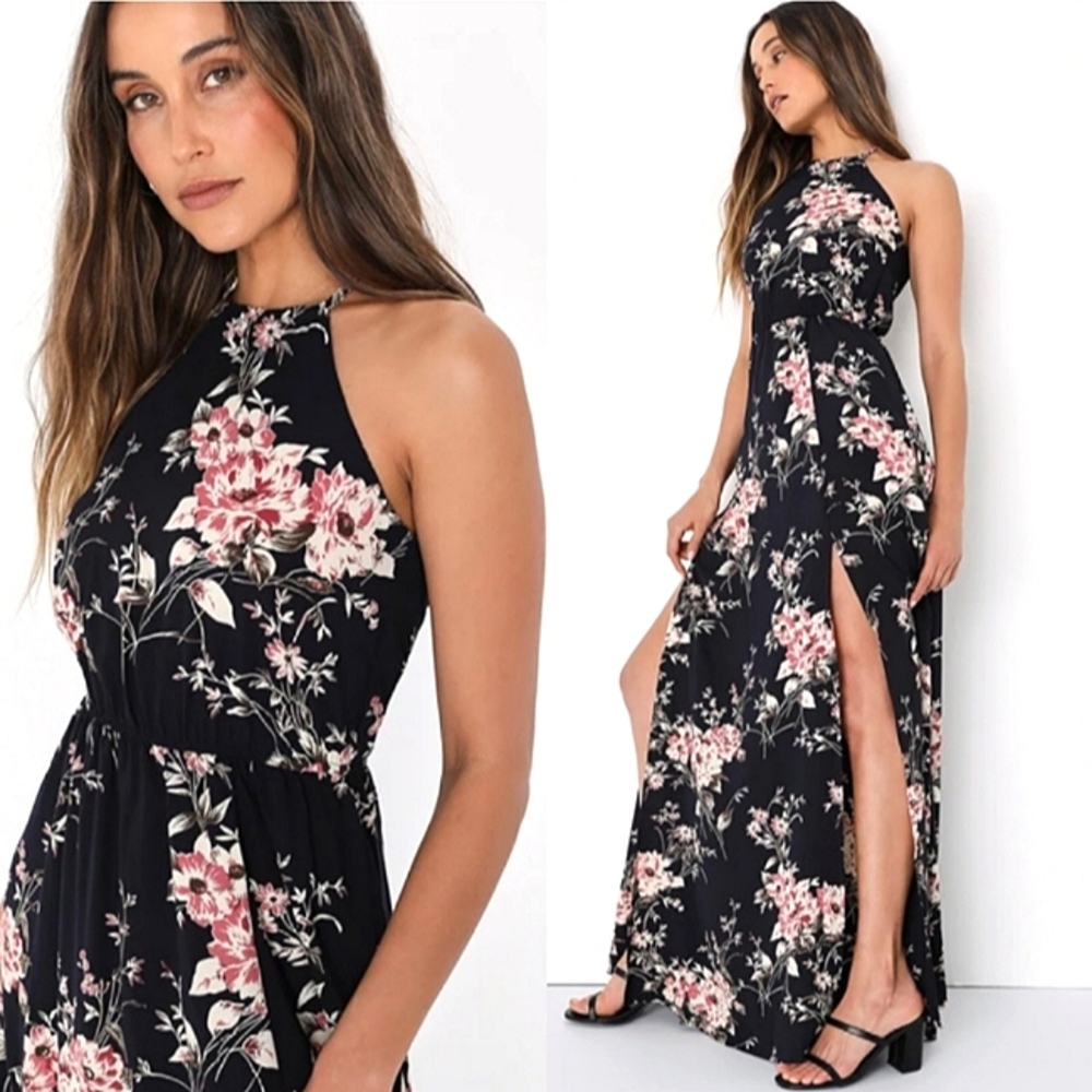 Lulus Feel The Music Midnight Blue Floral Print Maxi Dress Size Medium